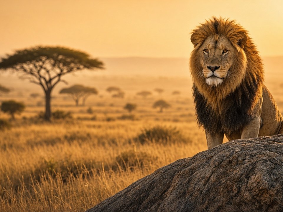 Male lion sitting on a rock in golden savanna light, acacia tree behind (AI-generated image)