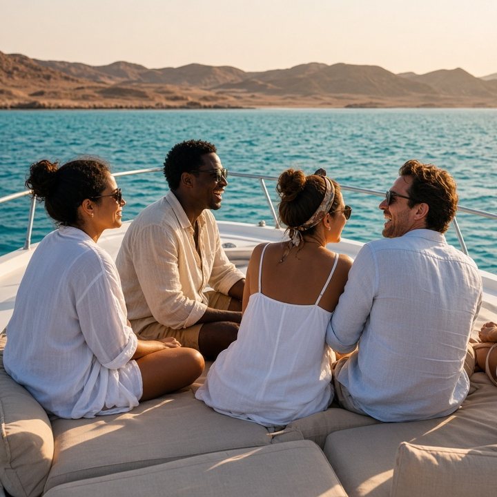 Small group relaxing on a yacht deck at golden hour, desert coast behind (AI-generated image)