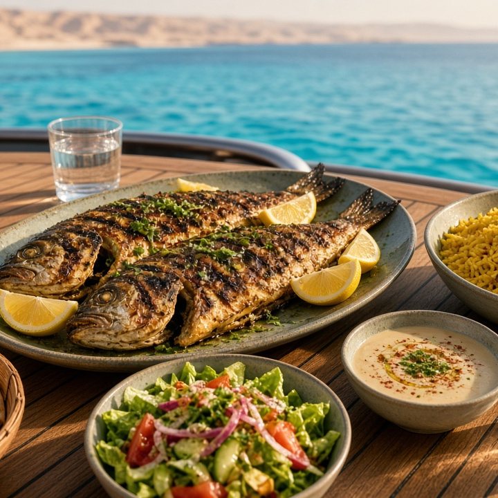 Grilled fish, salad and dips served on a yacht deck over turquoise water (AI-generated image)