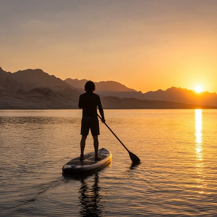 Stand-up paddleboarder at sunset on the Red Sea with desert mountains behind (AI-generated image)