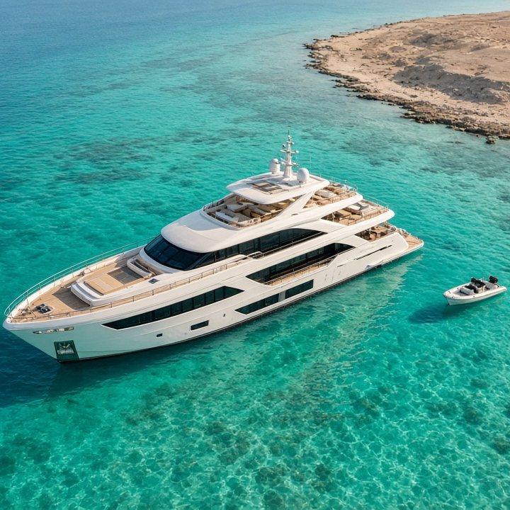 White motor yacht with a small tender on turquoise Red Sea water, seen from above (AI-generated image)