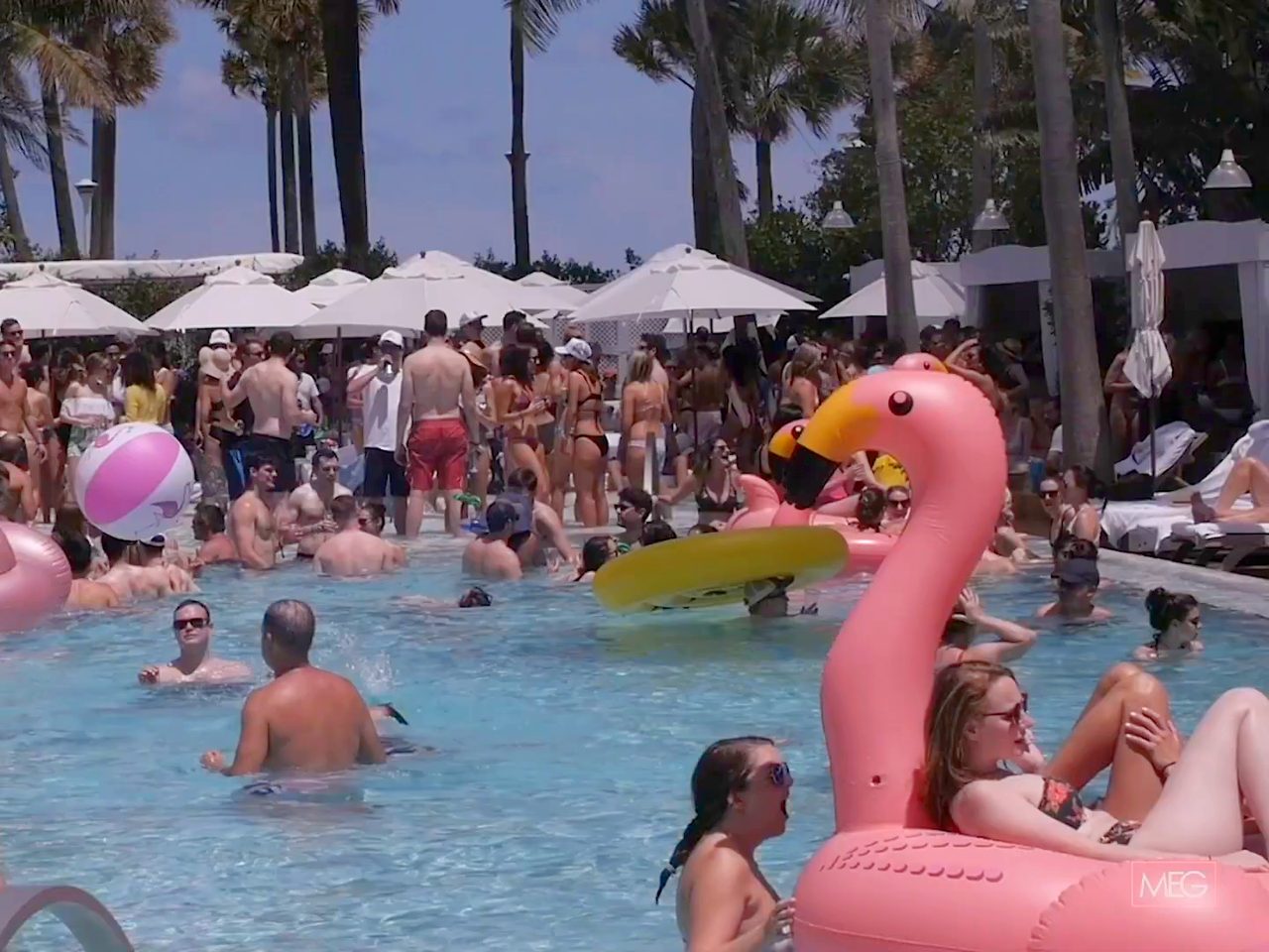 Pool day under the palms with pink flamingo floats, from MEG's Beach Week aftermovie