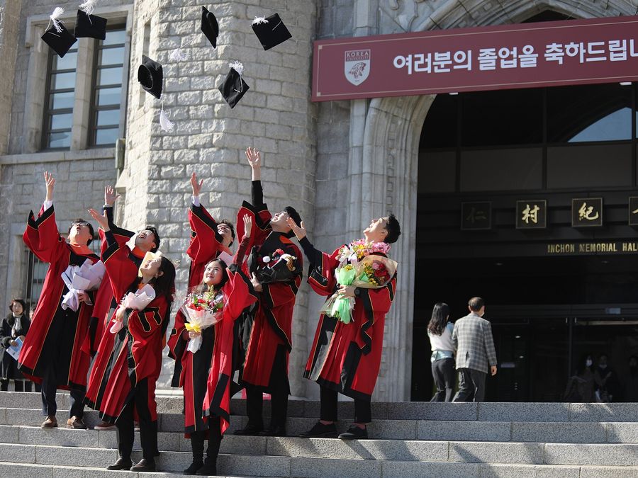 Business-school graduates tossing their caps