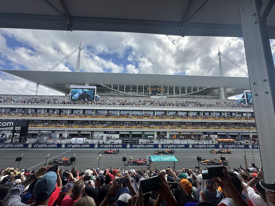 Grandstands on the start-finish straight at the Miami Grand Prix
